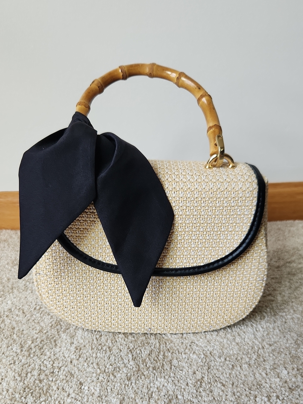 Woven Straw Top-Handle Bag with Bamboo Handle and Black Scarf